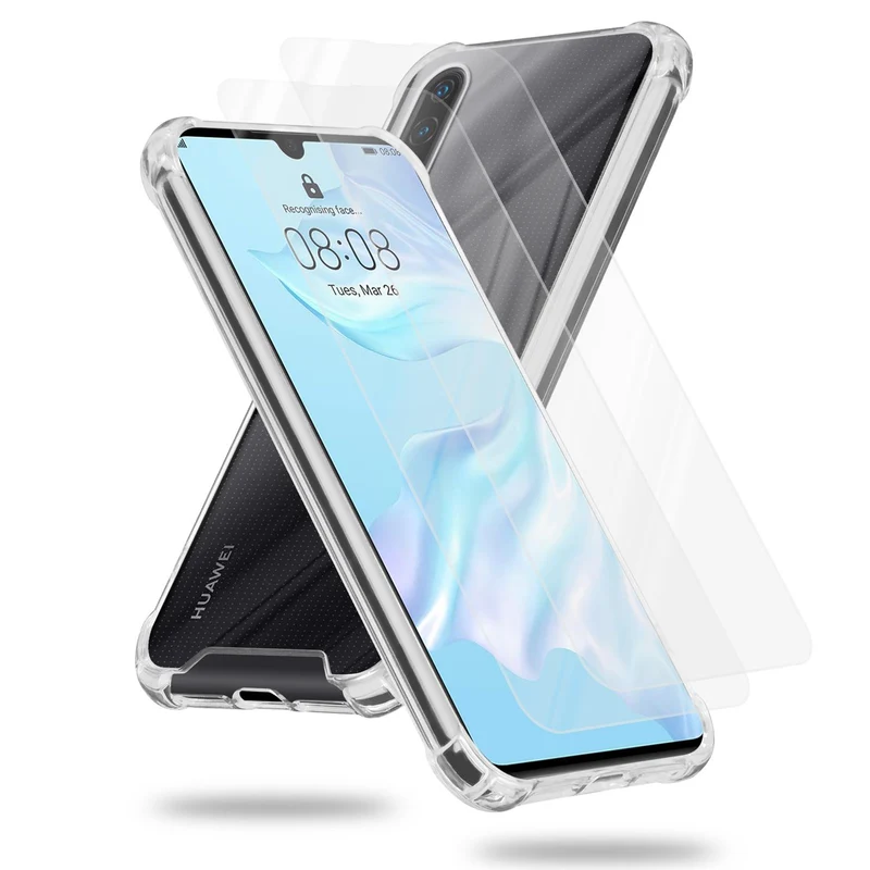Cadorabo Hülle und 2x Tempered Schutzglas kompatibel mit Huawei P30 Hybrid Schutzhülle mit TPU Silikon-Rand und Acryl-Glas-Rücken