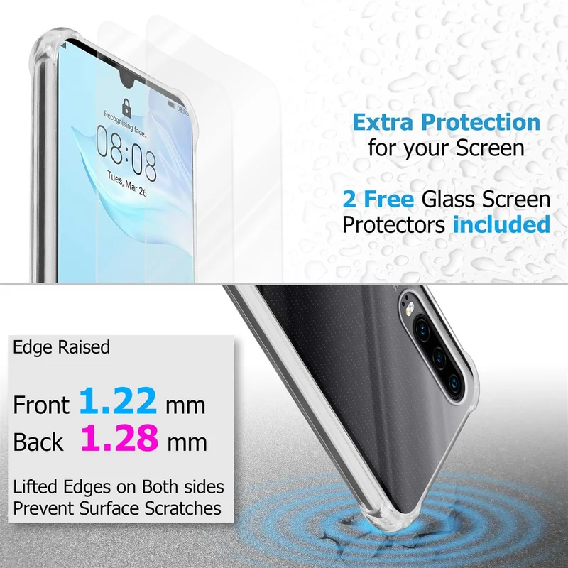 Cadorabo Hülle und 2x Tempered Schutzglas kompatibel mit Huawei P30 Hybrid Schutzhülle mit TPU Silikon-Rand und Acryl-Glas-Rücken