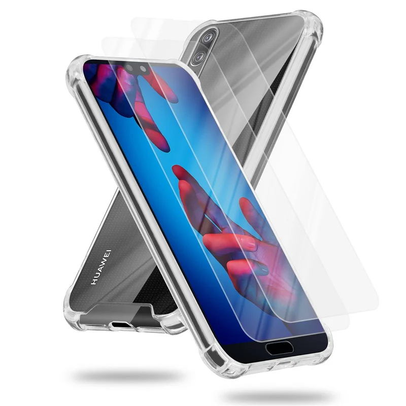 Cadorabo Hülle und 2x Tempered Schutzglas kompatibel mit Huawei P20 Hybrid Schutzhülle mit TPU Silikon-Rand und Acryl-Glas-Rücken