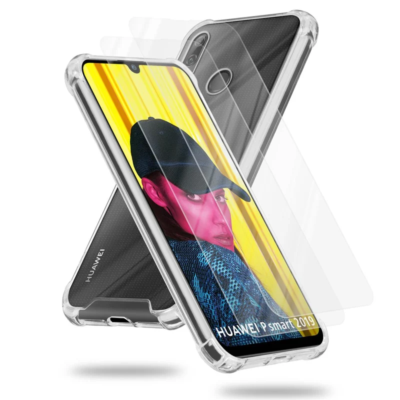 Cadorabo Hülle und 2x Tempered Schutzglas kompatibel mit Honor 10 LITE / Huawei P SMART 2019 Hybrid Schutzhülle mit TPU Silikon-Rand und Acryl-Glas-Rücken