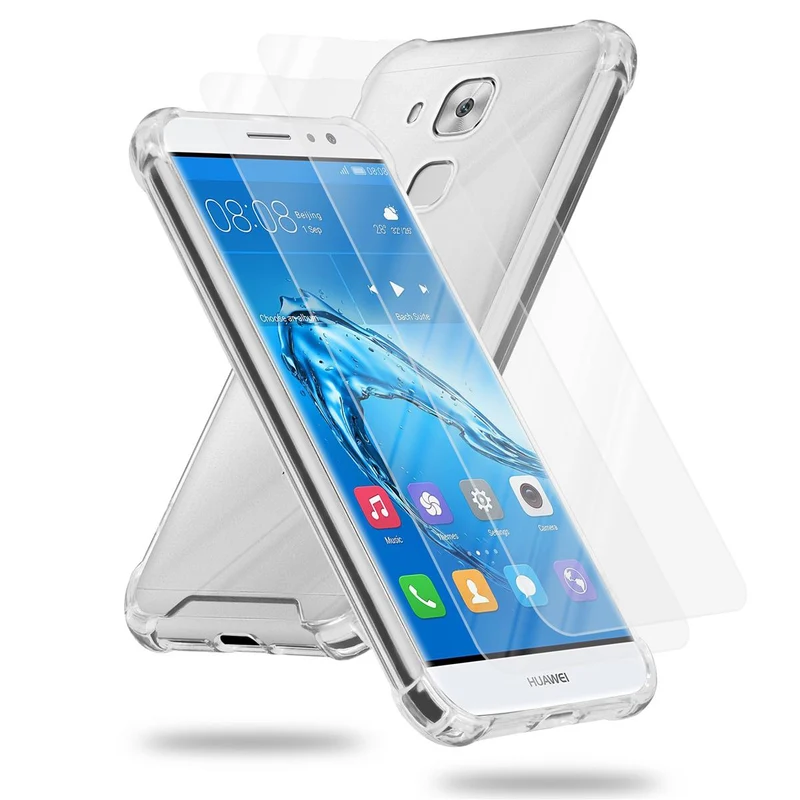 Cadorabo Hülle und 2x Tempered Schutzglas kompatibel mit Huawei NOVA PLUS Hybrid Schutzhülle mit TPU Silikon-Rand und Acryl-Glas-Rücken