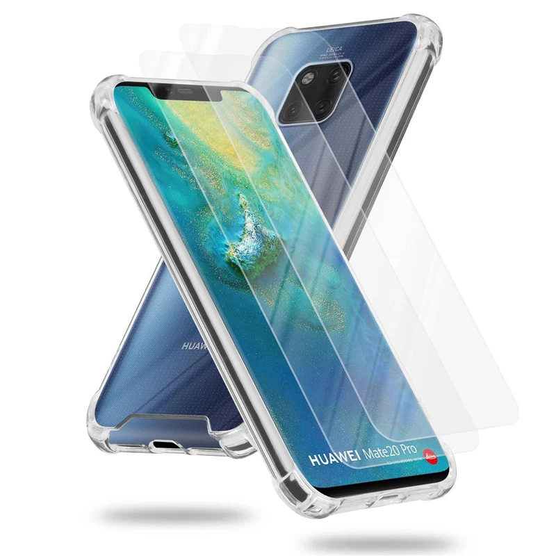 Cadorabo Hülle und 2x Tempered Schutzglas kompatibel mit Huawei MATE 20 PRO Hybrid Schutzhülle mit TPU Silikon-Rand und Acryl-Glas-Rücken