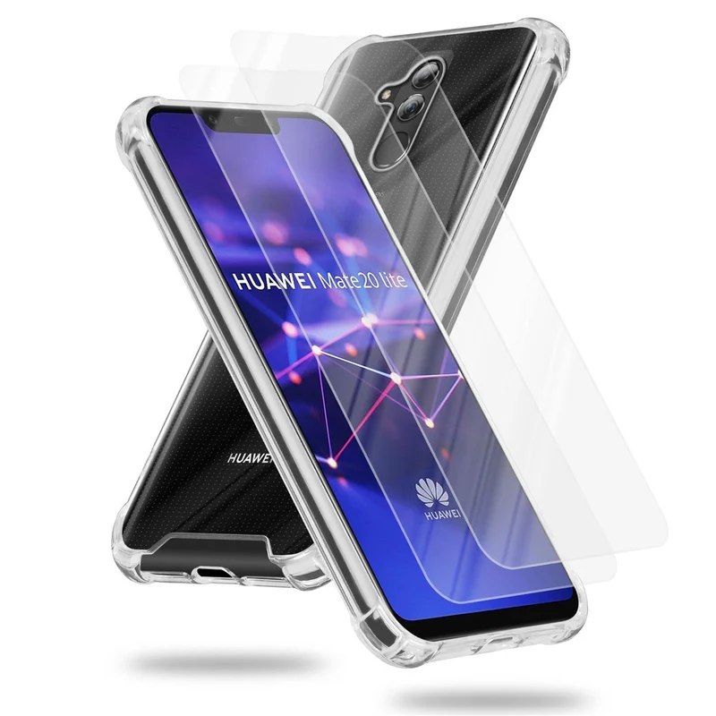 Cadorabo Hülle und 2x Tempered Schutzglas kompatibel mit Huawei MATE 20 LITE Hybrid Schutzhülle mit TPU Silikon-Rand und Acryl-Glas-Rücken
