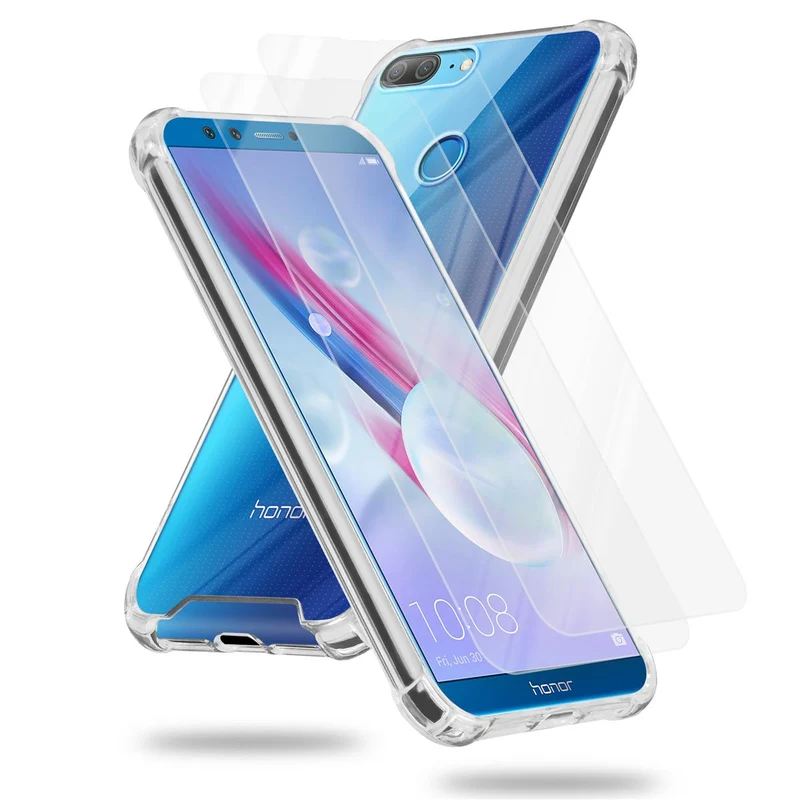 Cadorabo Hülle und 2x Tempered Schutzglas kompatibel mit Honor 9 LITE Hybrid Schutzhülle mit TPU Silikon-Rand und Acryl-Glas-Rücken