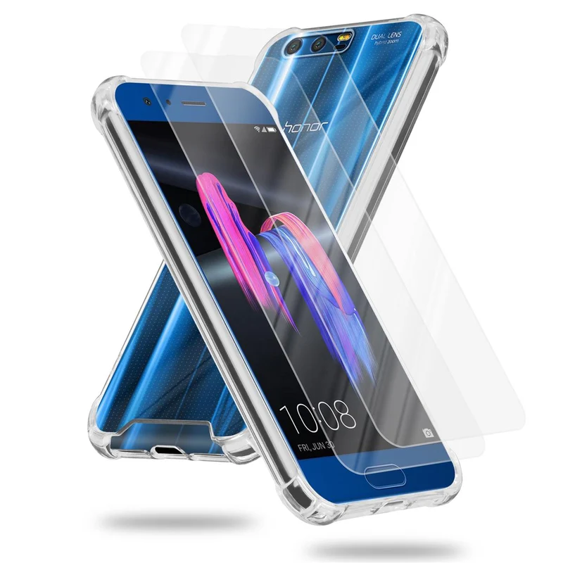 Cadorabo Hülle und 2x Tempered Schutzglas kompatibel mit Honor 9 Hybrid Schutzhülle mit TPU Silikon-Rand und Acryl-Glas-Rücken
