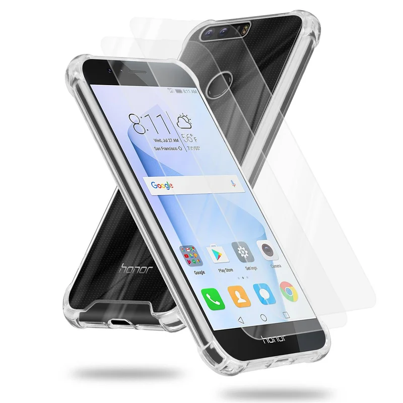 Cadorabo Hülle und 2x Tempered Schutzglas kompatibel mit Honor 8 / 8 PREMIUM Hybrid Schutzhülle mit TPU Silikon-Rand und Acryl-Glas-Rücken
