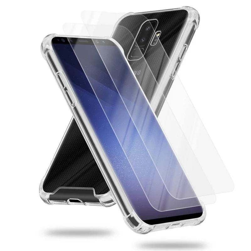 Cadorabo Hülle und 2x Tempered Schutzglas kompatibel mit Samsung Galaxy S9 PLUS Hybrid Schutzhülle mit TPU Silikon-Rand und Acryl-Glas-Rücken