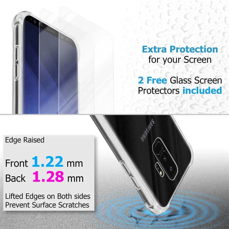 Cadorabo Hülle und 2x Tempered Schutzglas kompatibel mit Samsung Galaxy S9 PLUS Hybrid Schutzhülle mit TPU Silikon-Rand und Acryl-Glas-Rücken
