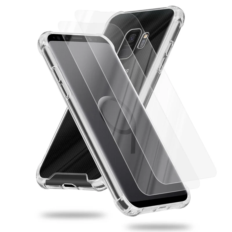Cadorabo Hülle und 2x Tempered Schutzglas kompatibel mit Samsung Galaxy S9 Hybrid Schutzhülle mit TPU Silikon-Rand und Acryl-Glas-Rücken