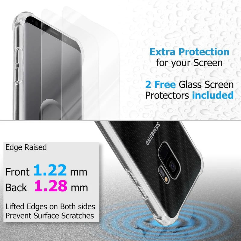 Cadorabo Hülle und 2x Tempered Schutzglas kompatibel mit Samsung Galaxy S9 Hybrid Schutzhülle mit TPU Silikon-Rand und Acryl-Glas-Rücken
