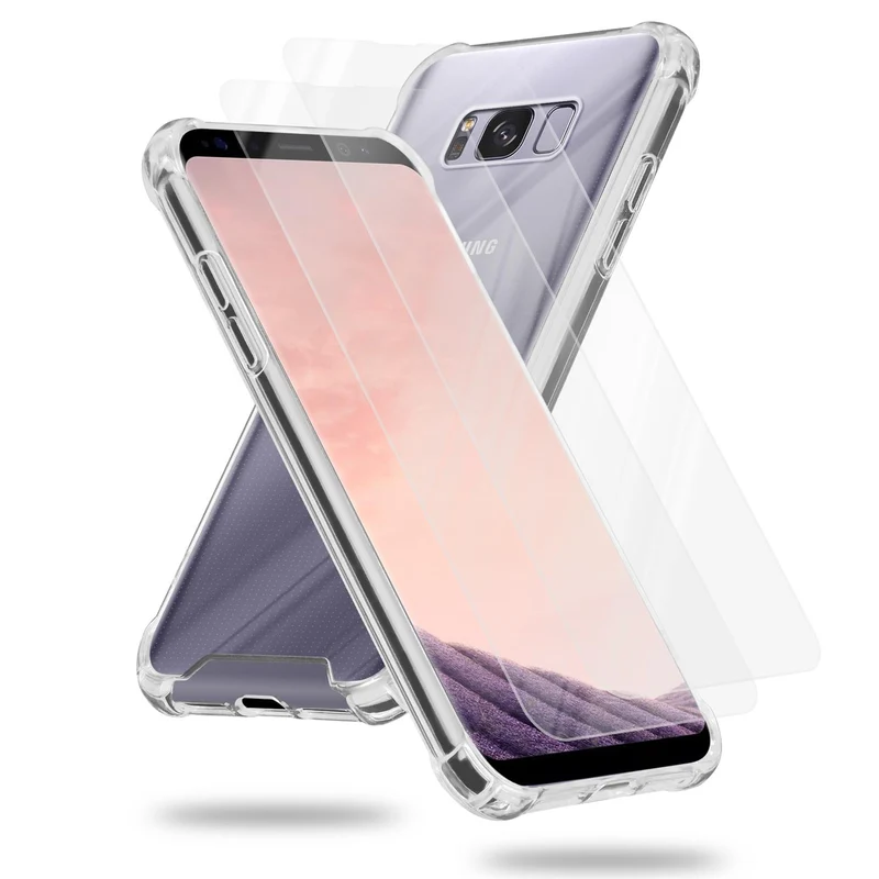 Cadorabo Hülle und 2x Tempered Schutzglas kompatibel mit Samsung Galaxy S8 PLUS Hybrid Schutzhülle mit TPU Silikon-Rand und Acryl-Glas-Rücken