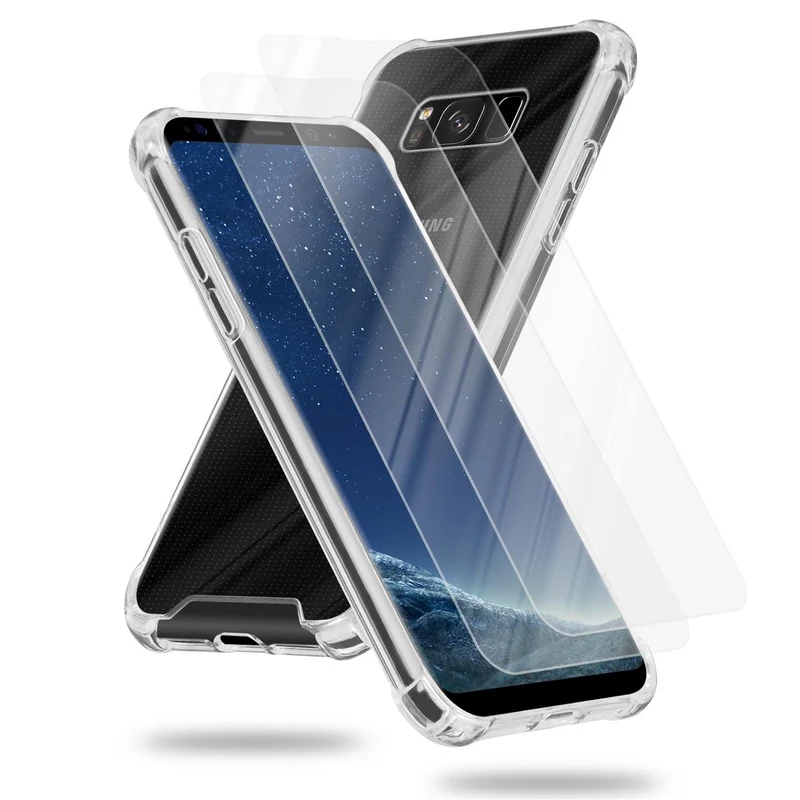 Cadorabo Hülle und 2x Tempered Schutzglas kompatibel mit Samsung Galaxy S8 Hybrid Schutzhülle mit TPU Silikon-Rand und Acryl-Glas-Rücken