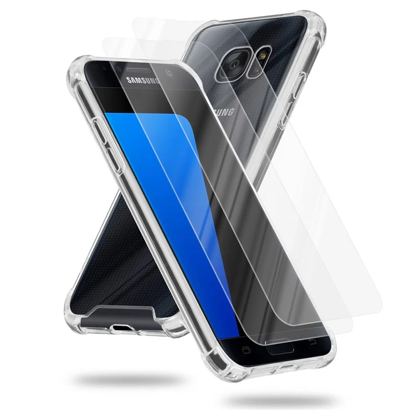 Cadorabo Hülle und 2x Tempered Schutzglas kompatibel mit Samsung Galaxy S7 Hybrid Schutzhülle mit TPU Silikon-Rand und Acryl-Glas-Rücken