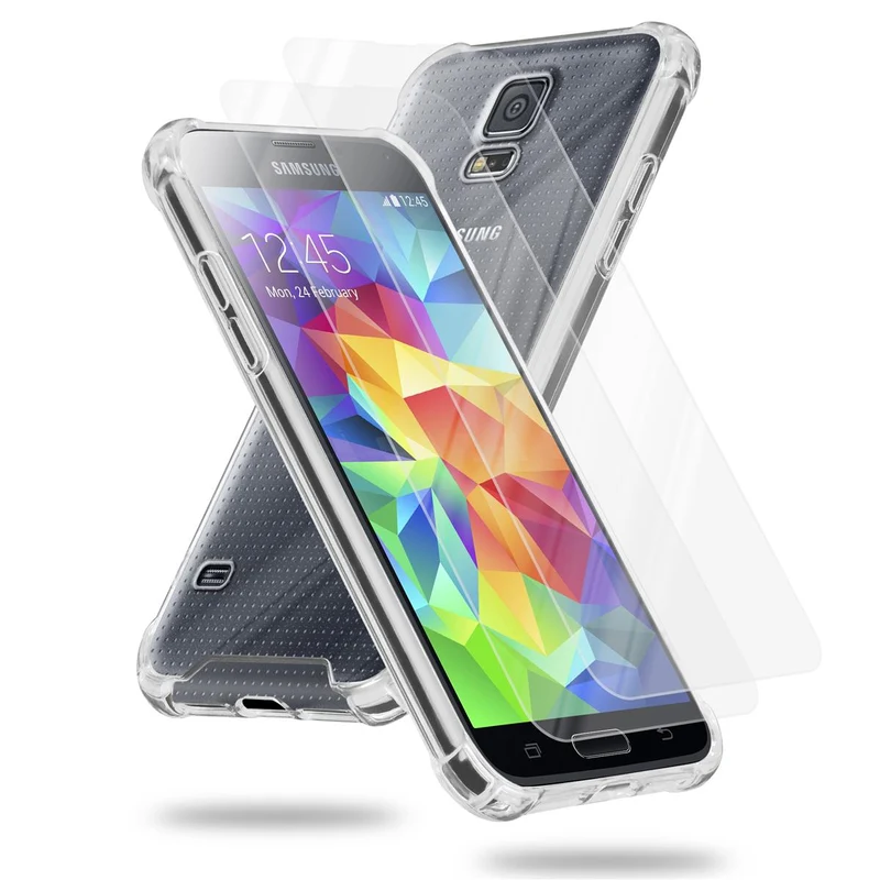 Cadorabo Hülle und 2x Tempered Schutzglas kompatibel mit Samsung Galaxy S5 / S5 NEO Hybrid Schutzhülle mit TPU Silikon-Rand und Acryl-Glas-Rücken