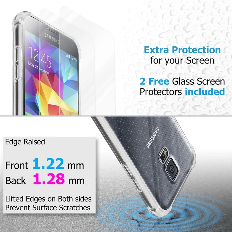 Cadorabo Hülle und 2x Tempered Schutzglas kompatibel mit Samsung Galaxy S5 / S5 NEO Hybrid Schutzhülle mit TPU Silikon-Rand und Acryl-Glas-Rücken