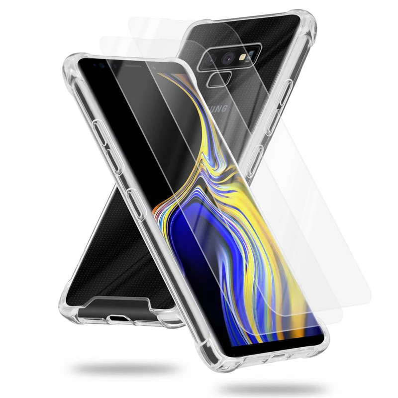 Cadorabo Hülle und 2x Tempered Schutzglas kompatibel mit Samsung Galaxy NOTE 9 Hybrid Schutzhülle mit TPU Silikon-Rand und Acryl-Glas-Rücken