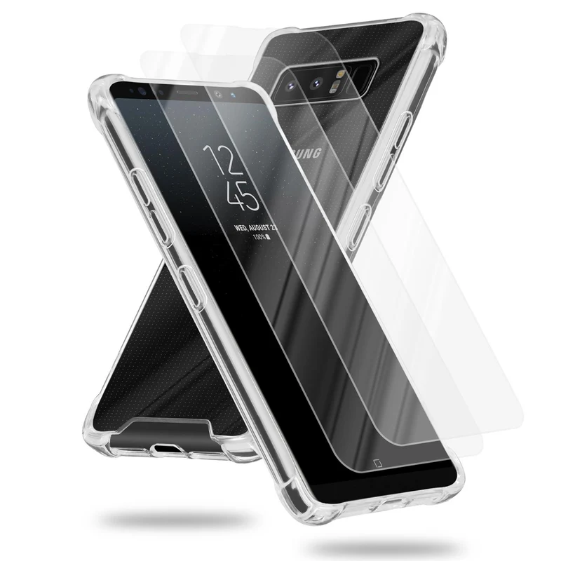Cadorabo Hülle und 2x Tempered Schutzglas kompatibel mit Samsung Galaxy NOTE 8 Hybrid Schutzhülle mit TPU Silikon-Rand und Acryl-Glas-Rücken