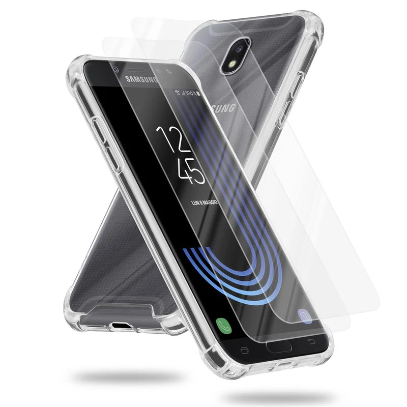 Cadorabo Hülle und 2x Tempered Schutzglas kompatibel mit Samsung Galaxy J7 2017 / J7 PRO Hybrid Schutzhülle mit TPU Silikon-Rand und Acryl-Glas-Rücken