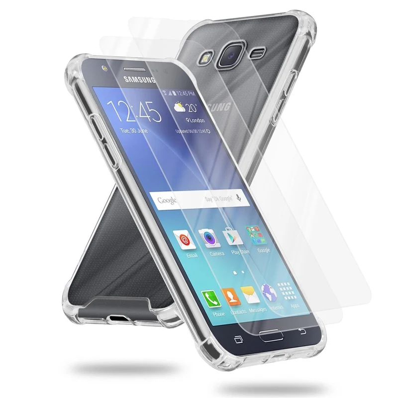 Cadorabo Hülle und 2x Tempered Schutzglas kompatibel mit Samsung Galaxy J7 2015 Hybrid Schutzhülle mit TPU Silikon-Rand und Acryl-Glas-Rücken