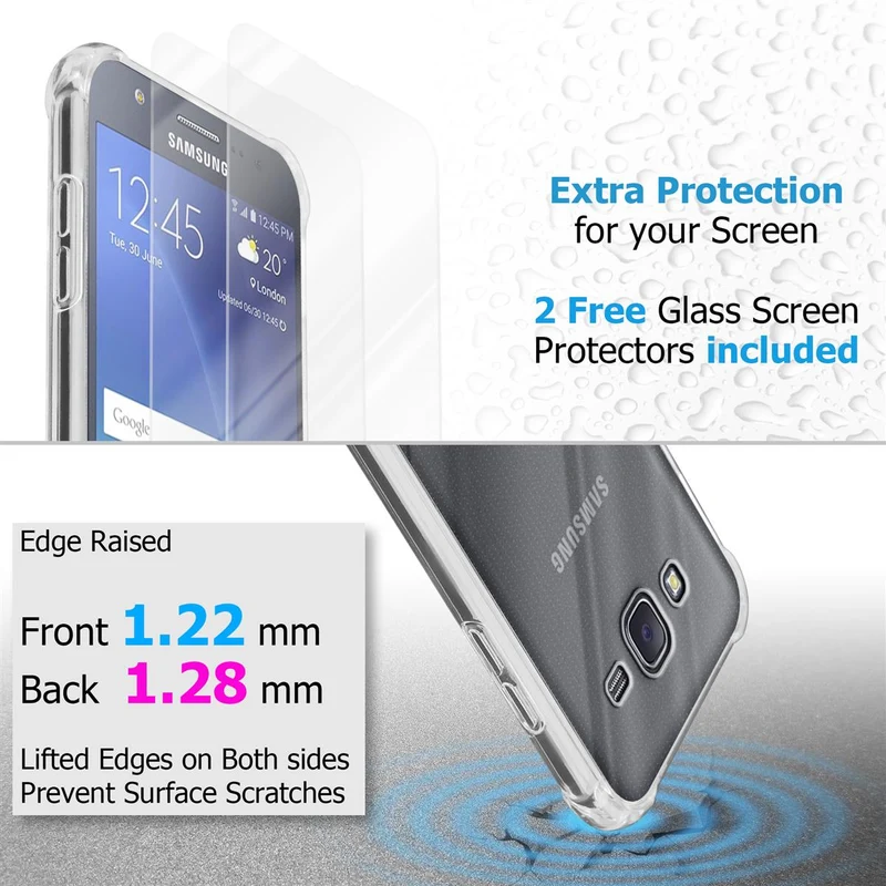 Cadorabo Hülle und 2x Tempered Schutzglas kompatibel mit Samsung Galaxy J7 2015 Hybrid Schutzhülle mit TPU Silikon-Rand und Acryl-Glas-Rücken