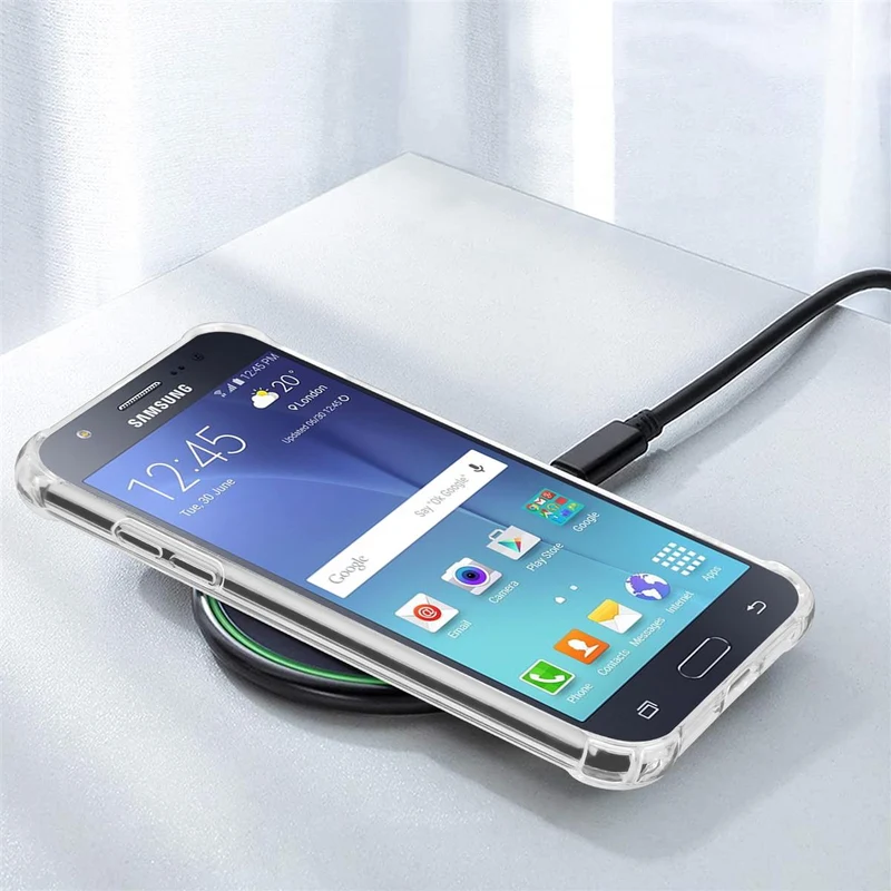 Cadorabo Hülle und 2x Tempered Schutzglas kompatibel mit Samsung Galaxy J7 2015 Hybrid Schutzhülle mit TPU Silikon-Rand und Acryl-Glas-Rücken