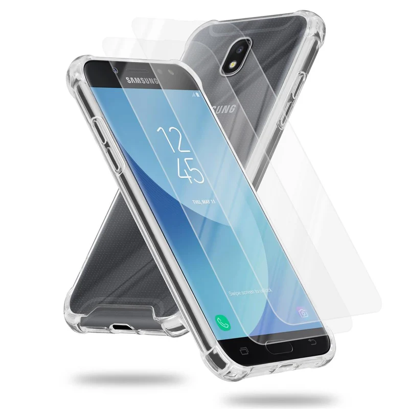Cadorabo Hülle und 2x Tempered Schutzglas kompatibel mit Samsung Galaxy J5 2017 / J5 PRO Hybrid Schutzhülle mit TPU Silikon-Rand und Acryl-Glas-Rücken