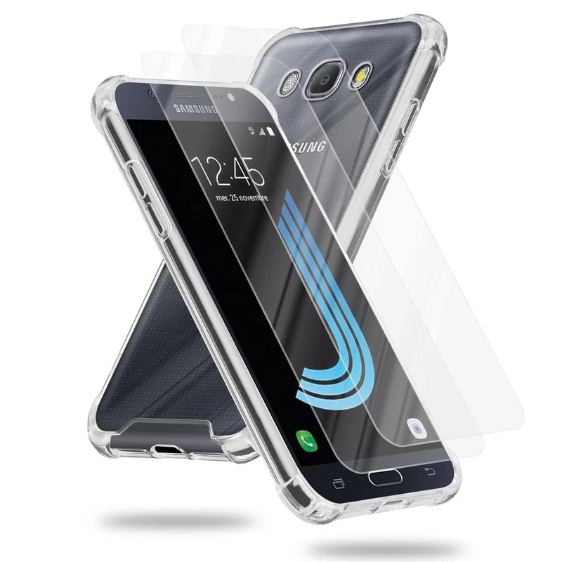 Cadorabo Hülle und 2x Tempered Schutzglas kompatibel mit Samsung Galaxy J5 2016 Hybrid Schutzhülle mit TPU Silikon-Rand und Acryl-Glas-Rücken