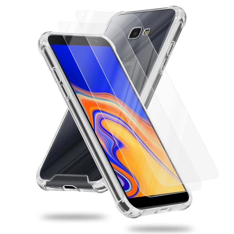 Cadorabo Hülle und 2x Tempered Schutzglas kompatibel mit Samsung Galaxy J4 PLUS / J4 PRIME / J4 CORE Hybrid Schutzhülle mit TPU Silikon-Rand und Acryl-Glas-Rücken