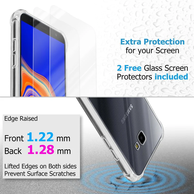 Cadorabo Hülle und 2x Tempered Schutzglas kompatibel mit Samsung Galaxy J4 PLUS / J4 PRIME / J4 CORE Hybrid Schutzhülle mit TPU Silikon-Rand und Acryl-Glas-Rücken