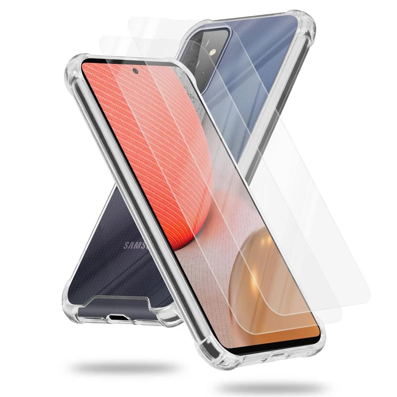 Cadorabo Hülle und 2x Tempered Schutzglas kompatibel mit Samsung Galaxy A72 4G / 5G Hybrid Schutzhülle mit TPU Silikon-Rand und Acryl-Glas-Rücken