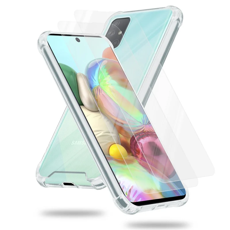 Cadorabo Hülle und 2x Tempered Schutzglas kompatibel mit Samsung Galaxy A71 4G Hybrid Schutzhülle mit TPU Silikon-Rand und Acryl-Glas-Rücken