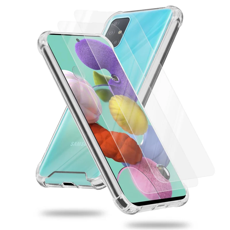 Cadorabo Hülle und 2x Tempered Schutzglas kompatibel mit Samsung Galaxy A51 4G / M40s Hybrid Schutzhülle mit TPU Silikon-Rand und Acryl-Glas-Rücken