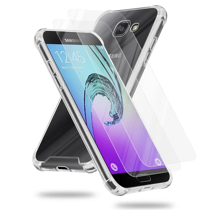 Cadorabo Hülle und 2x Tempered Schutzglas kompatibel mit Samsung Galaxy A5 2016 Hybrid Schutzhülle mit TPU Silikon-Rand und Acryl-Glas-Rücken