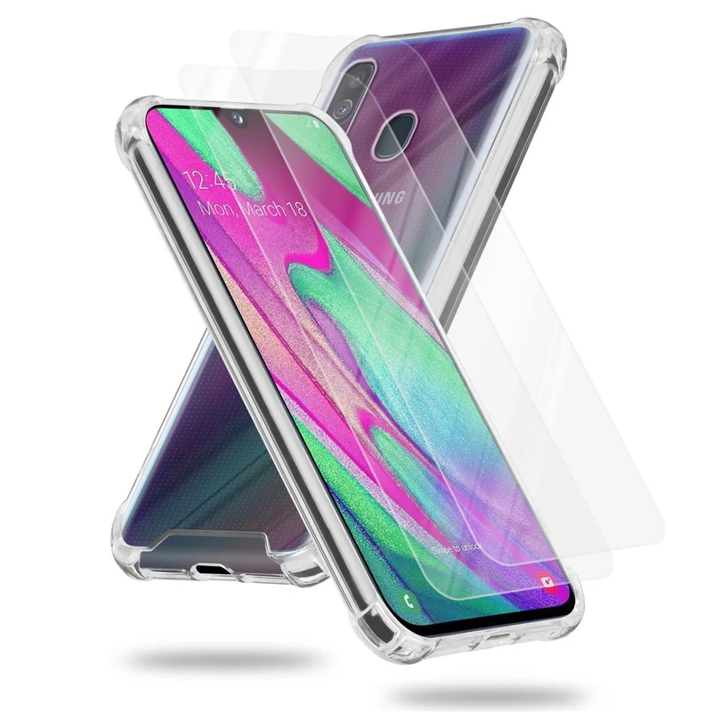 Cadorabo Hülle und 2x Tempered Schutzglas kompatibel mit Samsung Galaxy A40 Hybrid Schutzhülle mit TPU Silikon-Rand und Acryl-Glas-Rücken