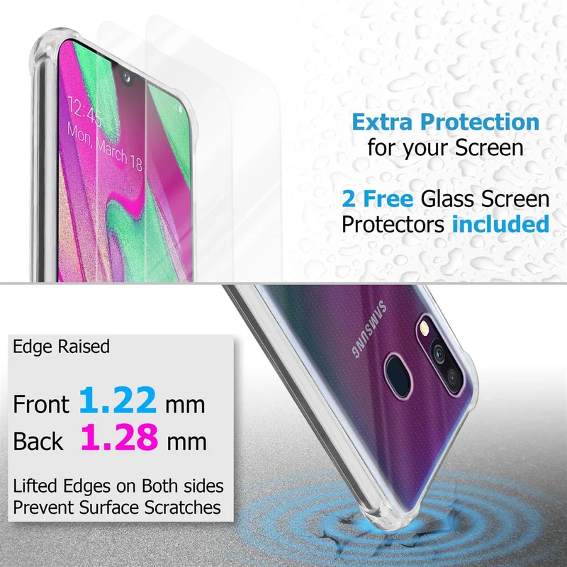 Cadorabo Hülle und 2x Tempered Schutzglas kompatibel mit Samsung Galaxy A40 Hybrid Schutzhülle mit TPU Silikon-Rand und Acryl-Glas-Rücken