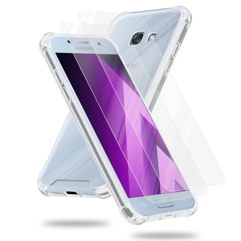 Cadorabo Hülle und 2x Tempered Schutzglas kompatibel mit Samsung Galaxy A3 2017 Hybrid Schutzhülle mit TPU Silikon-Rand und Acryl-Glas-Rücken