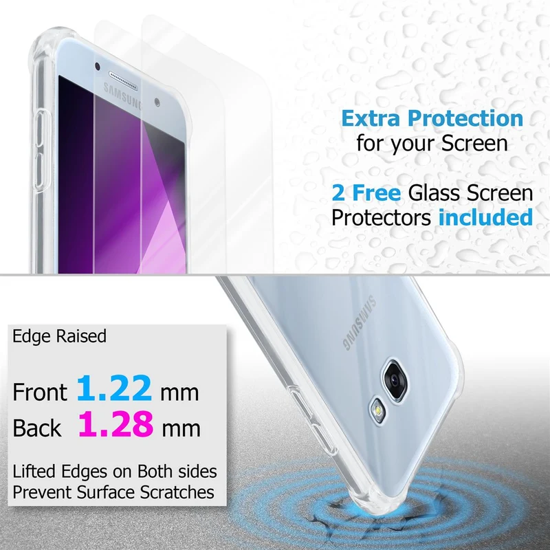 Cadorabo Hülle und 2x Tempered Schutzglas kompatibel mit Samsung Galaxy A3 2017 Hybrid Schutzhülle mit TPU Silikon-Rand und Acryl-Glas-Rücken
